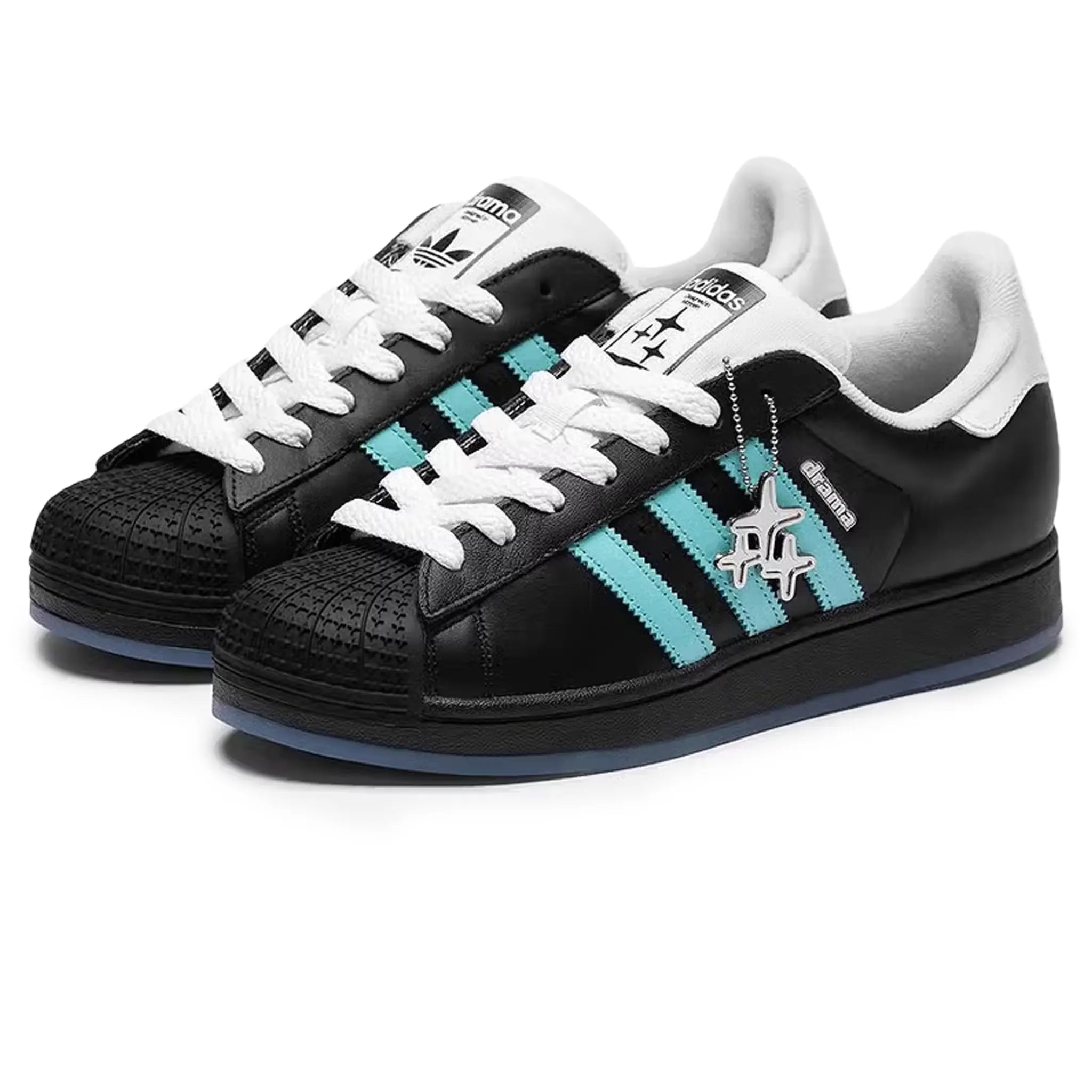 Front side view of Drama Call x Adidas Superstar II Black Metrolink Blue